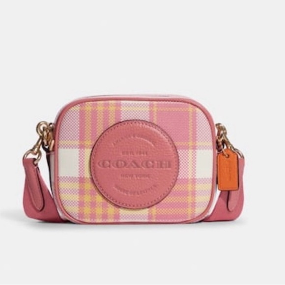 NWT Coach Mini Dempsey Camera Bag With Garden Plaid Print & Patch In Gold/Taffy - Picture 1 of 13